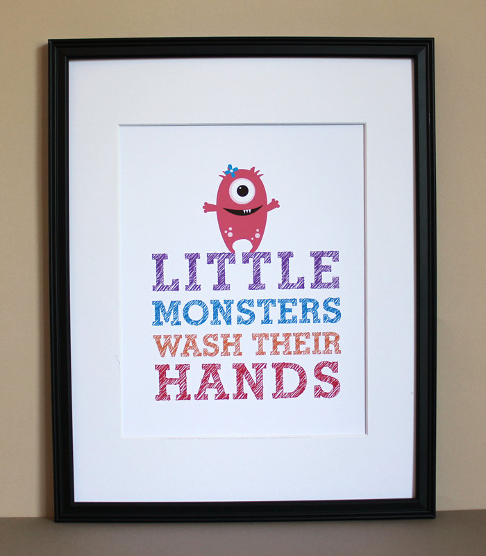 Little Monsters Wash Their Hands art print, 8x10, GIRL