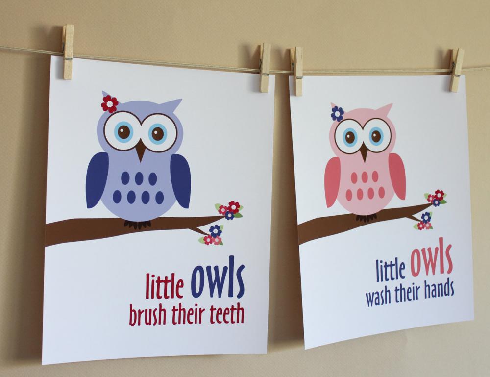 Little Girl Owl Bathroom Art Prints