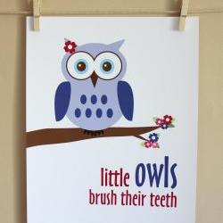 Little Owls Brush Their Teeth, 8x10 - GIRL