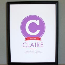 Baby Birth Announcement Art Print, 11x14, Custom Colors