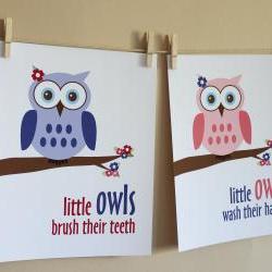 Little Owls Wash Hands and Brush Teeth, Two 8x10 Prints - GIRL