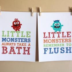 Little Monsters Remember to Flush and Always Take a Bath, Two 8x10 Prints - BOY