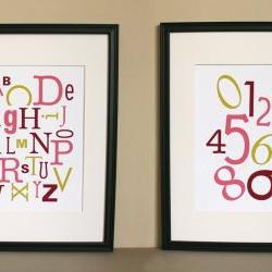 Alphabet and Numbers, Pink and Chartreuse, Two 8x10 Prints